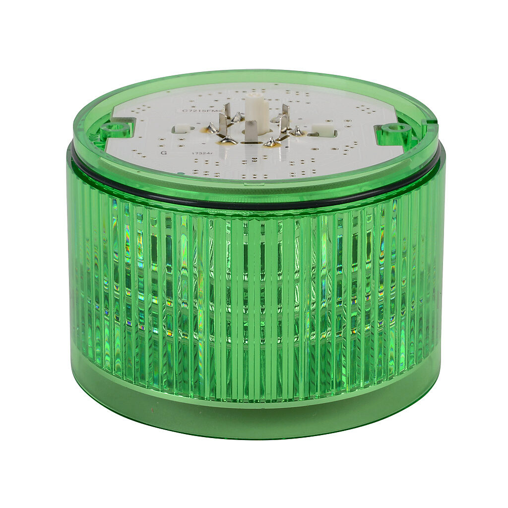 B72100151-3F1 - Patlite LED light element, 100mm diameter, green, permanent or flashing (60 fpm +/- 3 fpm) light function, 24 VDC, colored lens. For use with LKEH series signal towers.