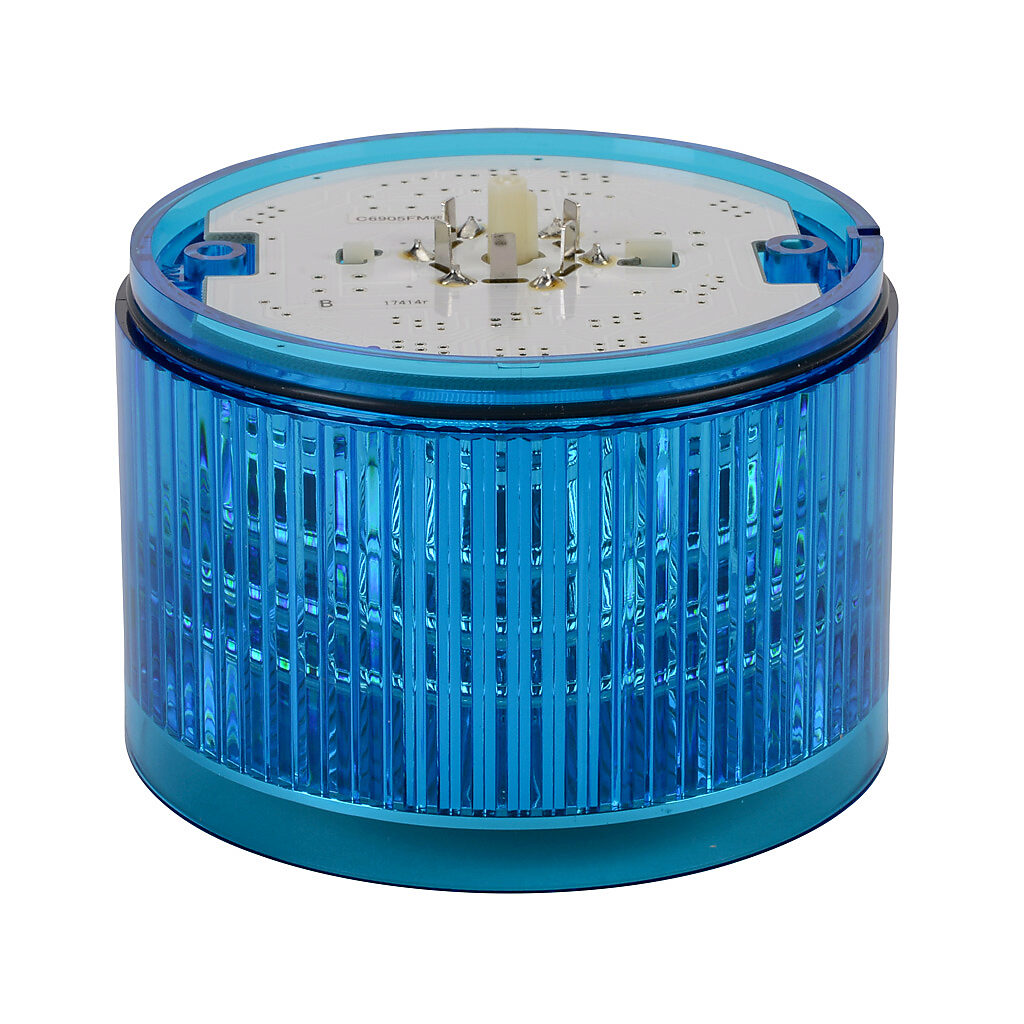 B72100151-4F1 - Patlite LED light element, 100mm diameter, blue, permanent or flashing (60 fpm +/- 3 fpm) light function, 24 VDC, colored lens. For use with LKEH series signal towers.