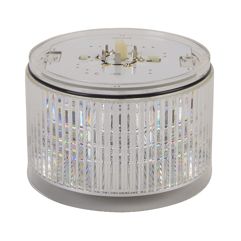 B72100151-7F1 - Patlite LED light element, 100mm diameter, clear/white, permanent or flashing (60 fpm +/- 3 fpm) light function, 24 VDC, clear lens. For use with LKEH series signal towers.