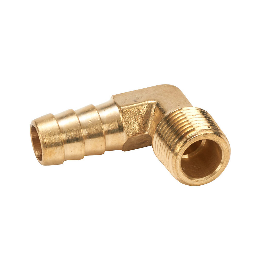 BAHBL-12-38N - NITRA water, oil, air or gases threaded fitting, hose barb elbow, brass body, brass threads, (1) 3/8in male NPT to (1) 1/2in hose. Package of 5.