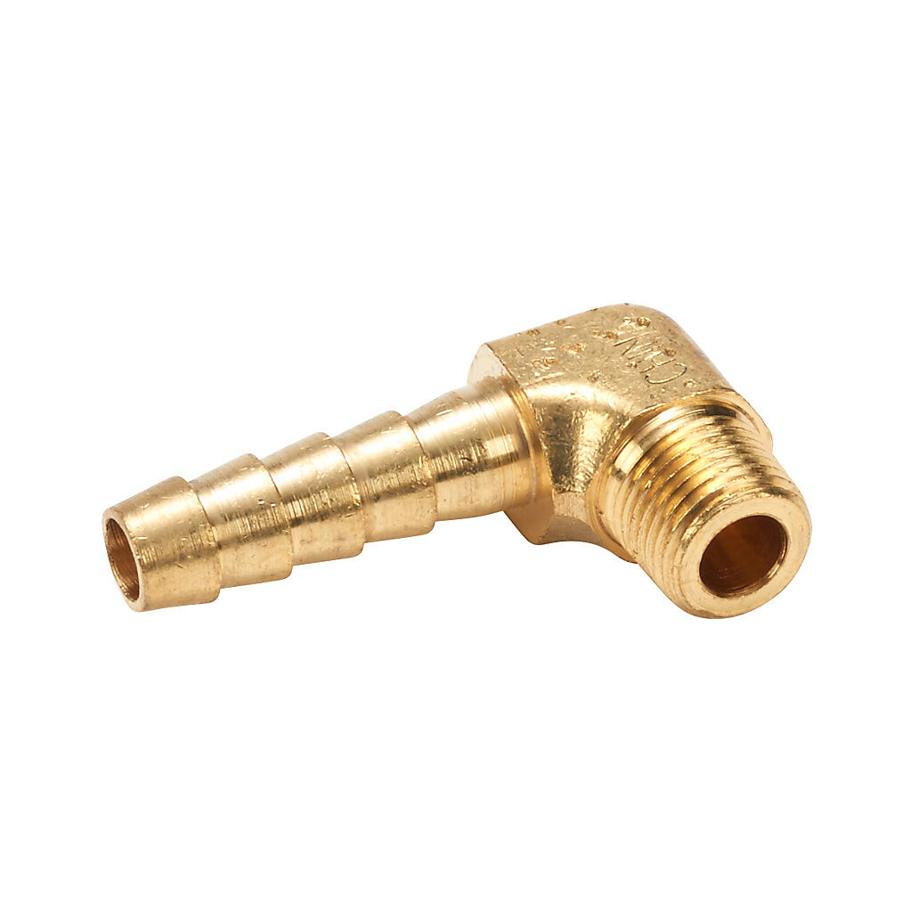 BAHBL-14-18N - NITRA water, oil, air or gases threaded fitting, hose barb elbow, brass body, brass threads, (1) 1/8in male NPT to (1) 1/4in hose. Package of 5.
