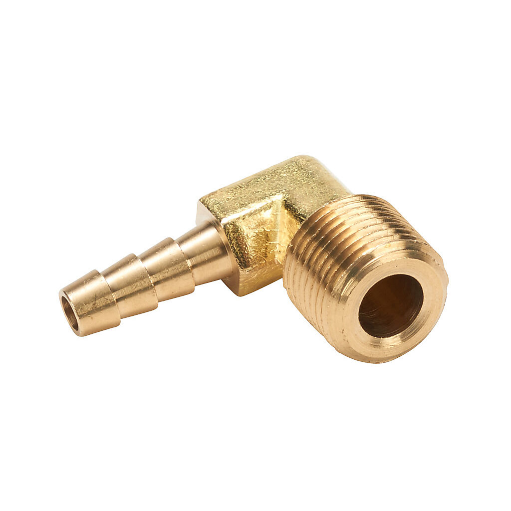 BAHBL-14-38N - NITRA water, oil, air or gases threaded fitting, hose barb elbow, brass body, brass threads, (1) 3/8in male NPT to (1) 1/4in hose. Package of 5.