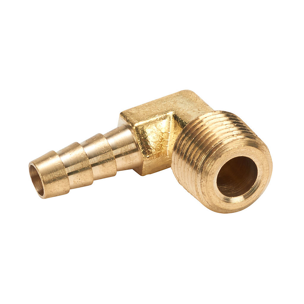 BAHBL-516-38N - NITRA water, oil, air or gases threaded fitting, hose barb elbow, brass body, brass threads, (1) 3/8in male NPT to (1) 5/16in (8mm) hose. Package of 5.