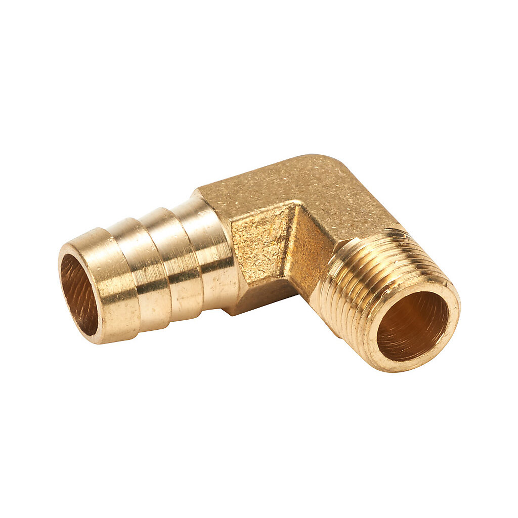 BAHBL-58-38N - NITRA water, oil, air or gases threaded fitting, hose barb elbow, brass body, brass threads, (1) 3/8in male NPT to (1) 5/8in hose. Package of 3.