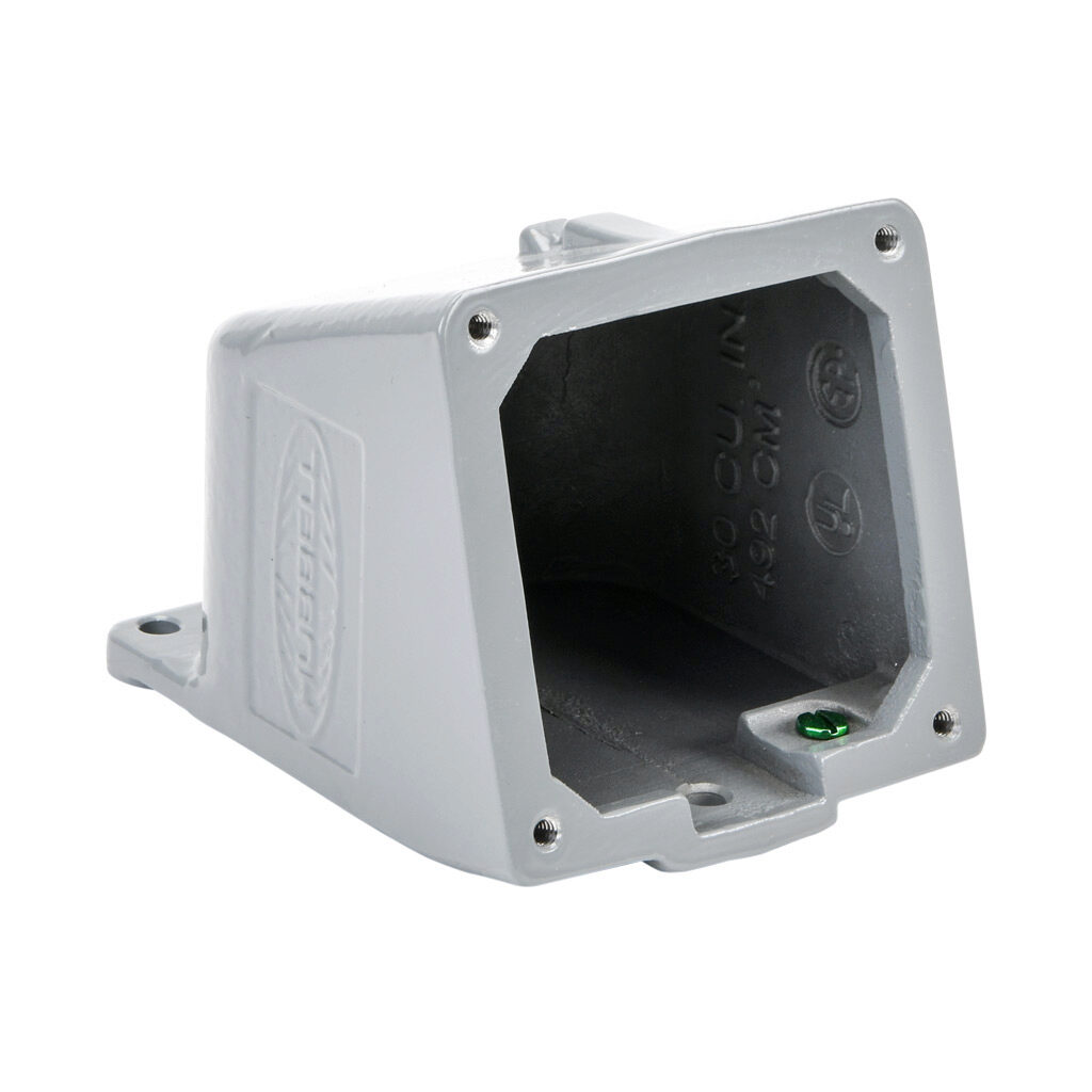 BB301WA - Bryant dead end back box, (1) 1in female NPT conduit entries, cast aluminum housing, gray. For use with Bryant 20A and 30A devices. Requires AP2030 adapter plate.