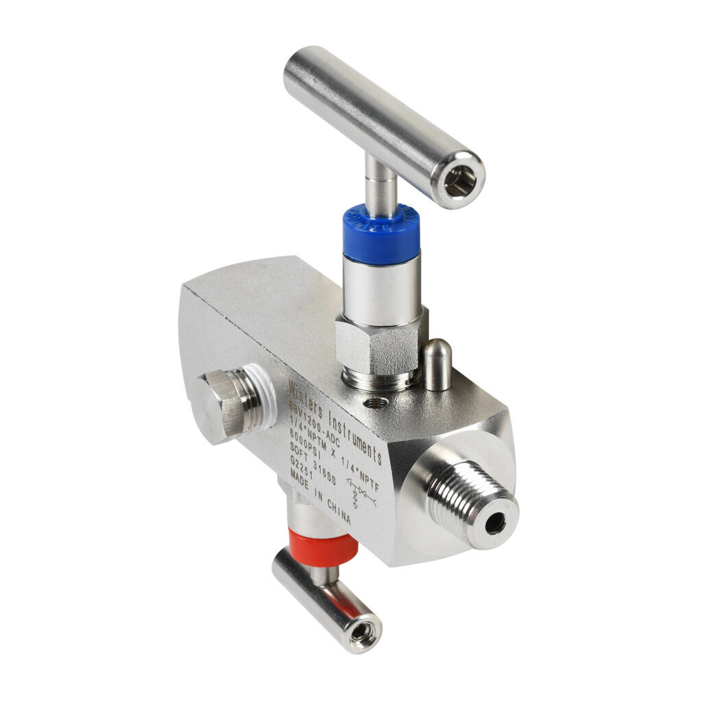 BBV1200-ADC - Winters manual block and bleed needle valve, straight body soft seat, double handles, stainless steel body, 1/4in male NPT inlet(s), 1/4in female NPT outlet(s).