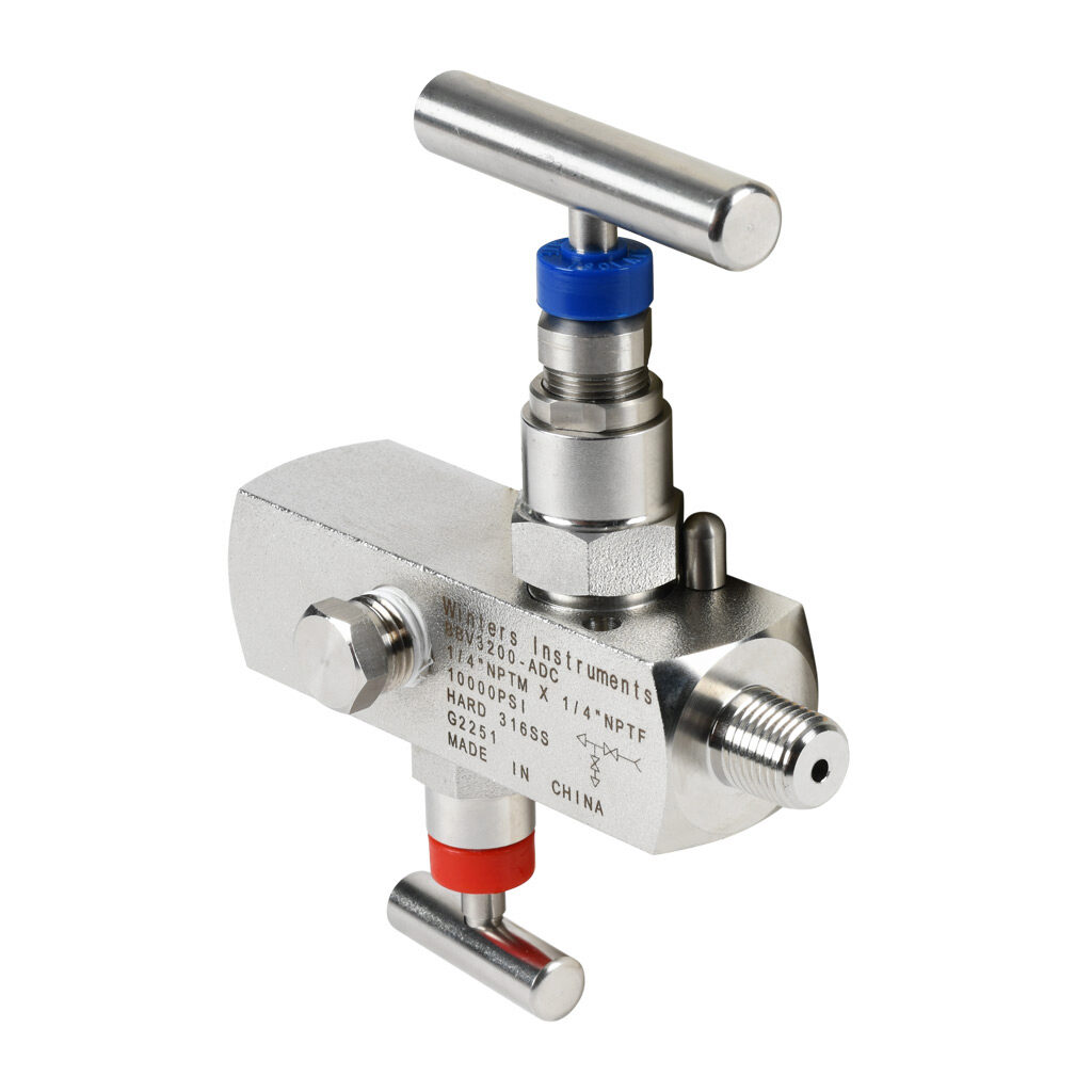BBV3200-ADC - Winters manual block and bleed needle valve, straight body hard seat, double handles, stainless steel body, 1/4in male NPT inlet(s), 1/4in female NPT outlet(s).