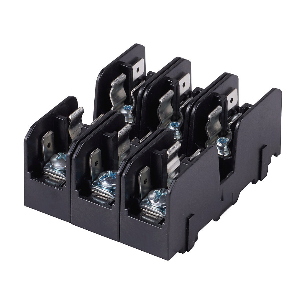 BCCMM603-3PQ - Bussmann modular combination fuse block, accepts (1) Class Midget and (2) Class CC fuses, 30A, 600V, 3-pole, 18-10 AWG copper only, pressure plate with quick-connect terminals, 35mm DIN rail or panel mount. Package of 5.
