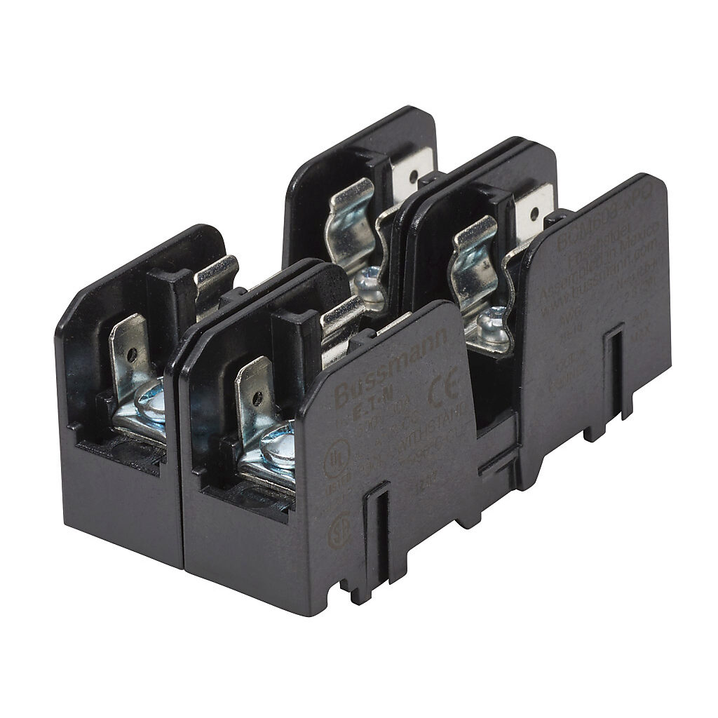 BCM603-2PQ - Bussmann modular fuse block, accepts CC fuses, 30A, 600V, 2-pole, 18-10 AWG copper only, pressure plate with quick-connect terminals, 35mm DIN rail or panel mount. Package of 5.