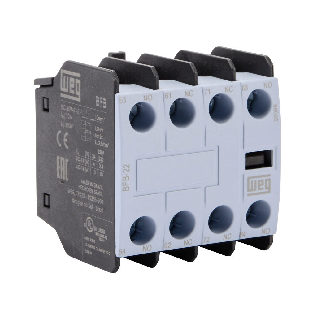 BFB-22 - WEG Electric field installable auxiliary contact, front mount, (2) N.O./(2) N.C. contact(s), 6A @ 120 VAC/0.22A @ 120 VDC, screw terminal. For use with CWB9 to CWB125 and CWBN00 to CWBN3 series contactors.
