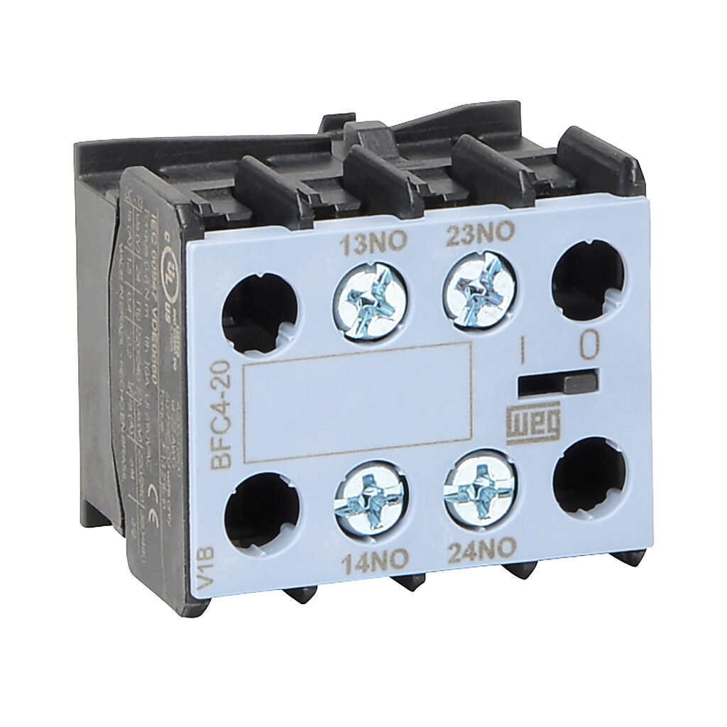 BFC4-20 - WEG Electric auxiliary contact, front mount, (2) N.O. contact(s), 6A @ 120 VAC/0.55A @ 120 VDC. For use with any 4-pole CWC07 through CWC016 series miniature contactor.