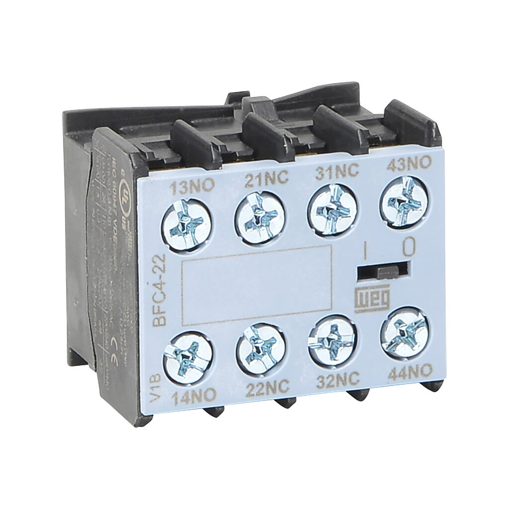 BFC4-22 - WEG Electric auxiliary contact, front mount, (2) N.O./(2) N.C. contact(s), 6A @ 120 VAC/0.55A @ 120 VDC. For use with any 4-pole CWC07 through CWC016 series miniature contactor with standard consumption AC or DC coils.