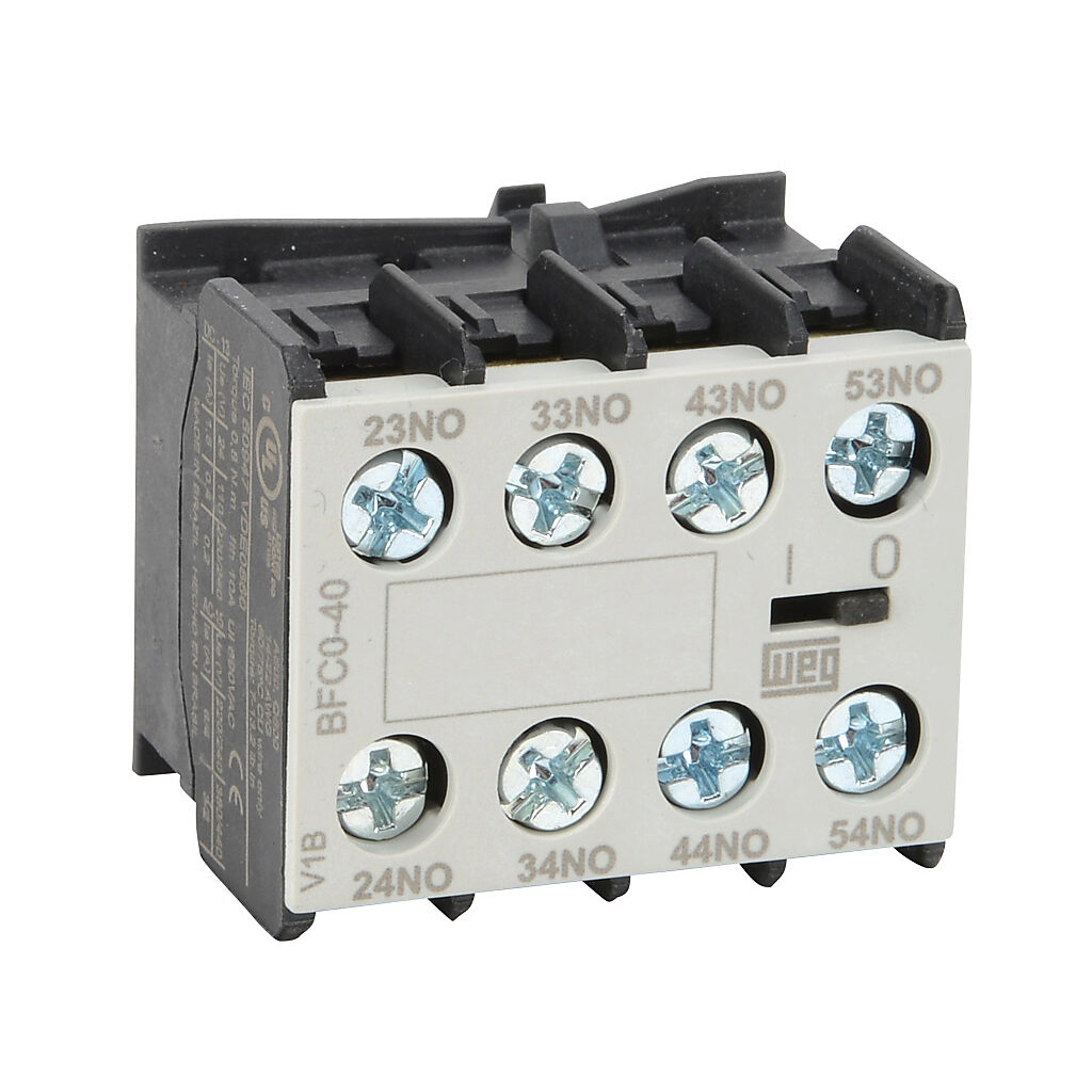 BFC4-40 - WEG Electric auxiliary contact, front mount, (4) N.O. contact(s), 6A @ 120 VAC/0.55A @ 120 VDC. For use with any 4-pole CWC07 through CWC016 series miniature contactor with standard consumption AC or DC coils.