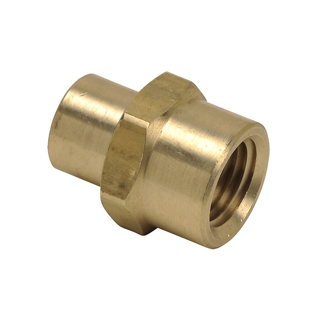 BFFC-14N-18N - NITRA pneumatic threaded fitting, straight, brass body, brass threads, (1) 1/4in female NPT to (1) 1/8in female NPT. Package of 5.