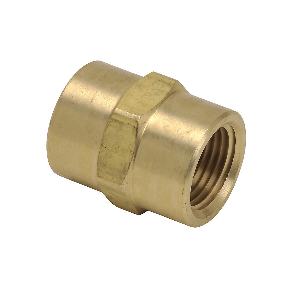 BFFC-38N - NITRA pneumatic threaded fitting, straight, brass body, brass threads, (1) 3/8in female NPT to (1) 3/8in female NPT. Package of 5.