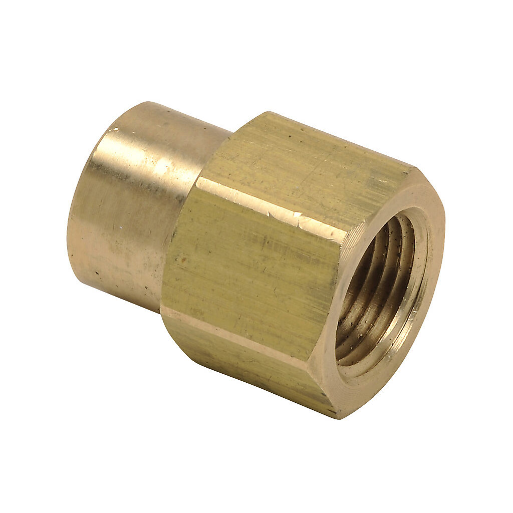 BFFC-38N-14N - NITRA pneumatic threaded fitting, straight, brass body, brass threads, (1) 3/8in female NPT to (1) 1/4in female NPT. Package of 5.