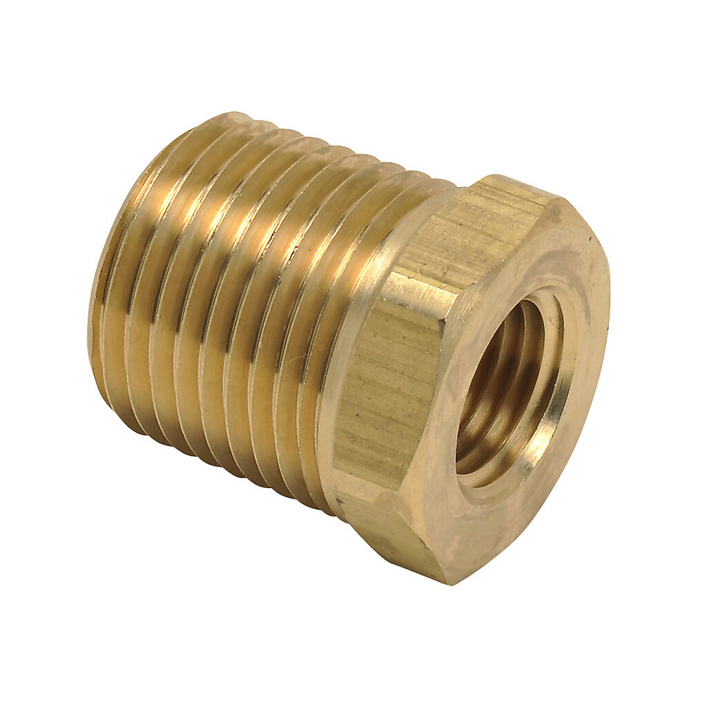 BFHB-12N-14N - NITRA pneumatic threaded fitting, hex bushing, brass body, brass threads, (1) 1/2in male NPT to (1) 1/4in female NPT. Package of 2.
