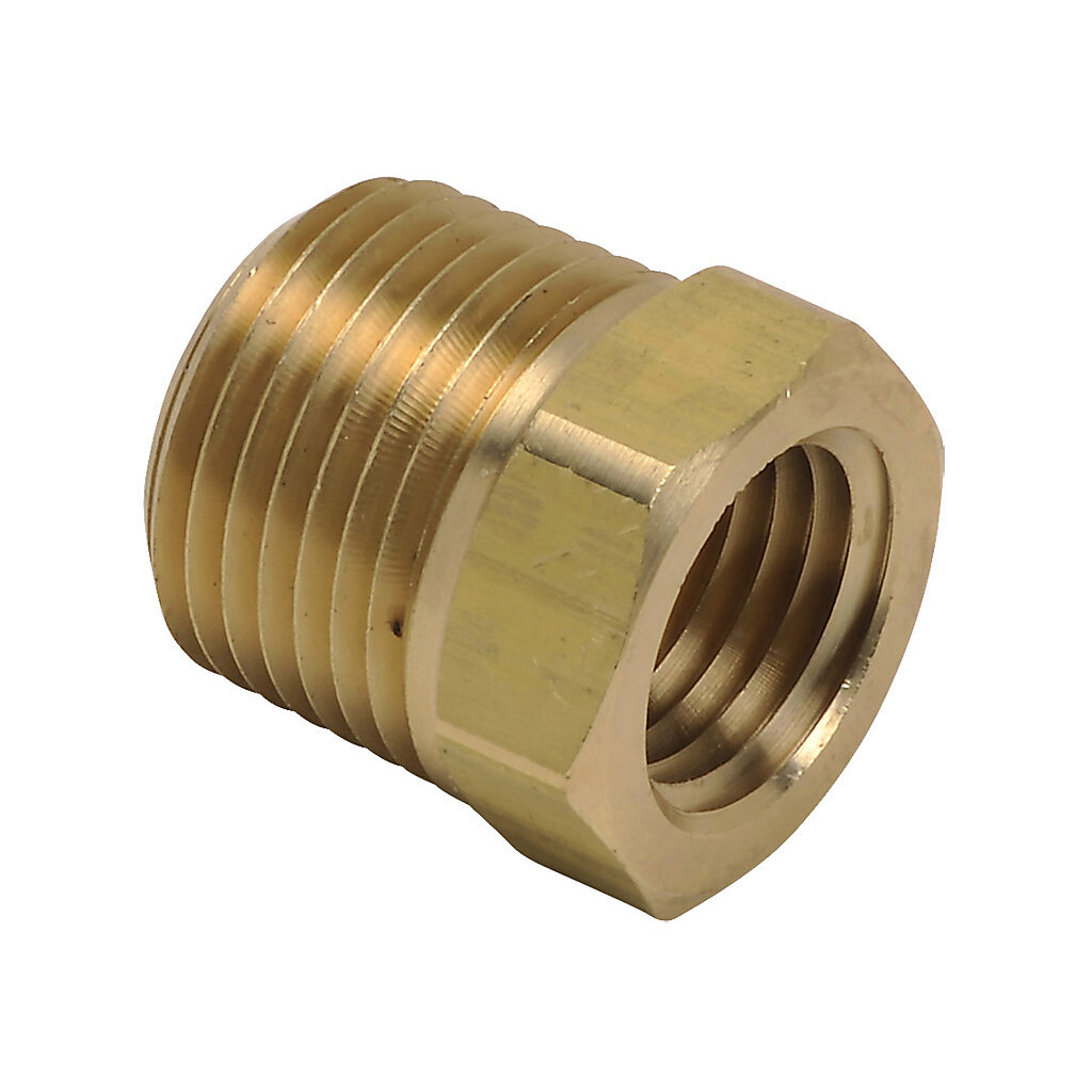 BFHB-38N-14N - NITRA pneumatic threaded fitting, hex bushing, brass body, brass threads, (1) 3/8in male NPT to (1) 1/4in female NPT. Package of 5.