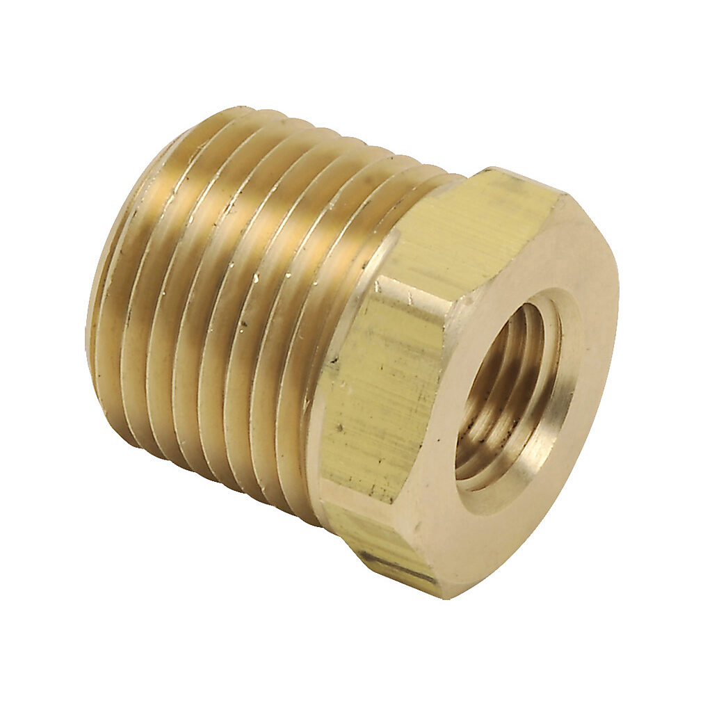 BFHB-38N-18N - NITRA pneumatic threaded fitting, hex bushing, brass body, brass threads, (1) 3/8in male NPT to (1) 1/8in female NPT. Package of 5.