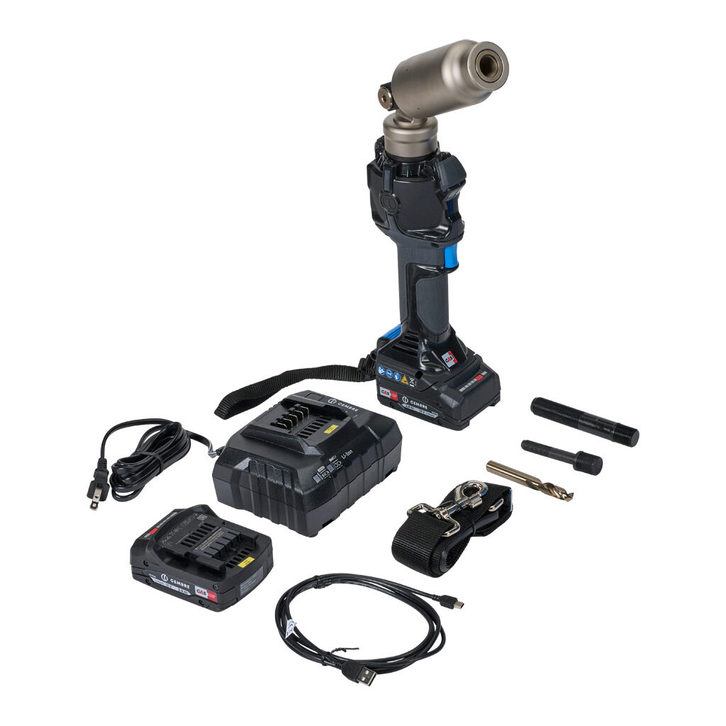 BFL750NDA - Cembre battery hydraulic driver, 18 VDC, 2.0 Ah capacity, 360-degree adjustable head. (2) 2.0 Ah batteries, battery charger, USB cable, (2) pullers (TD-11 and TD-19), 0.45in spiral bit, and shoulder strap included.