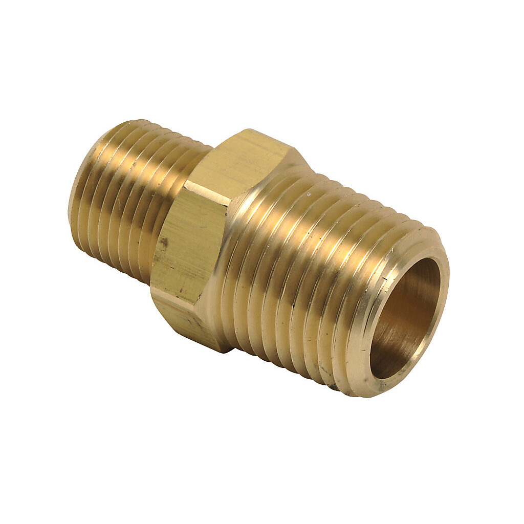 BFMC-12N-38N - NITRA pneumatic threaded fitting, straight, brass body, brass threads, (1) 1/2in male NPT to (1) 3/8in male NPT. Package of 2.