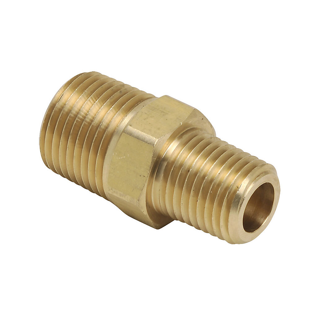 BFMC-38N-14N - NITRA pneumatic threaded fitting, straight, brass body, brass threads, (1) 3/8in male NPT to (1) 1/4in male NPT. Package of 5.
