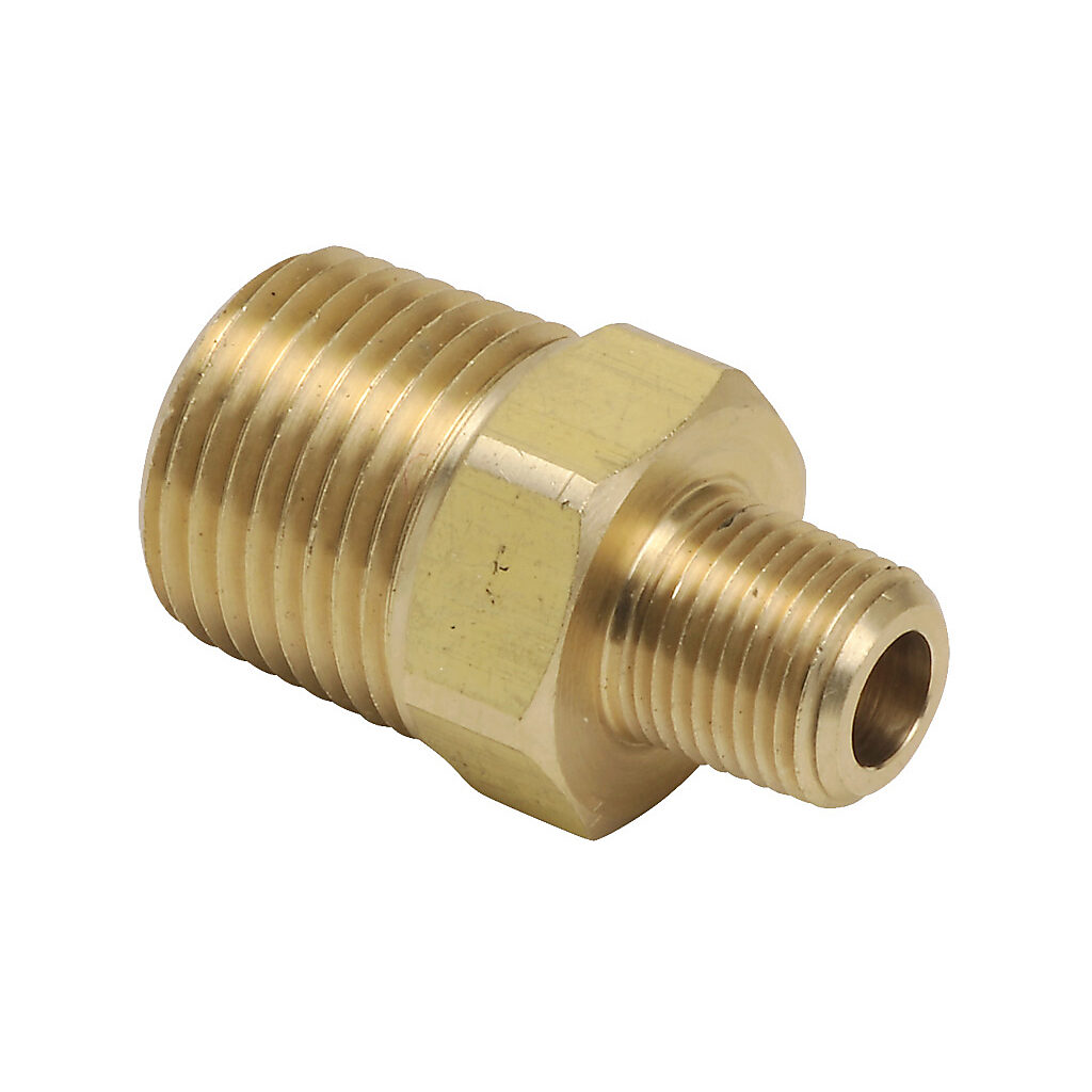BFMC-38N-18N - NITRA pneumatic threaded fitting, straight, brass body, brass threads, (1) 3/8in male NPT to (1) 1/8in male NPT. Package of 5.