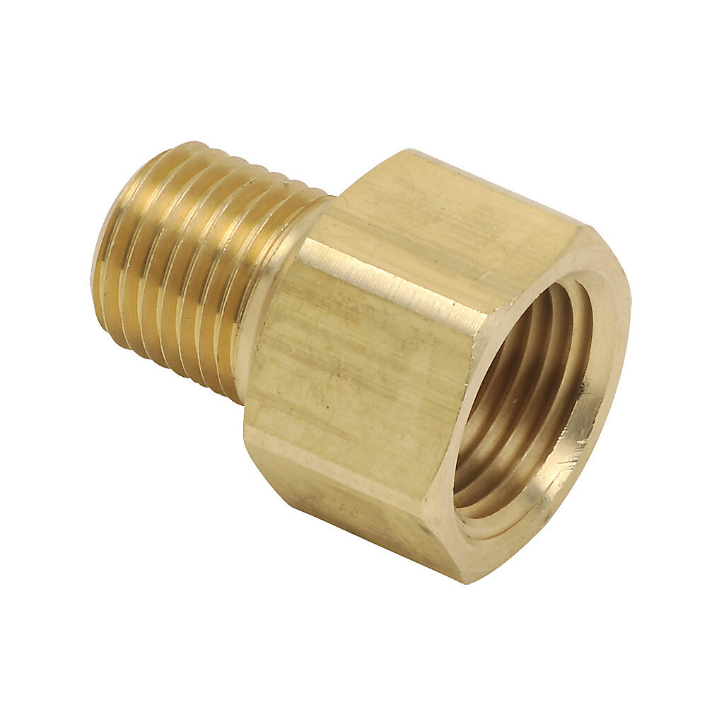BFMFR-38N-14N - NITRA pneumatic threaded fitting, straight, brass body, brass threads, (1) 3/8in female NPT to (1) 1/4in male NPT. Package of 5.