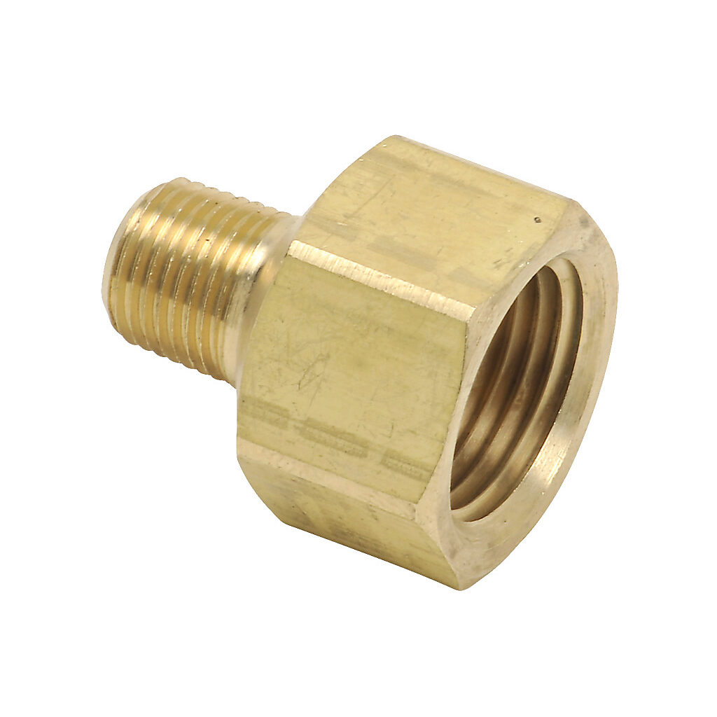 BFMFR-38N-18N - NITRA pneumatic threaded fitting, straight, brass body, brass threads, (1) 3/8in female NPT to (1) 1/8in male NPT. Package of 5.