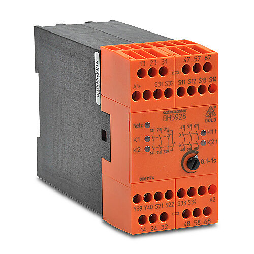 BH5928-92-61-24-1 - Dold safety relay, emergency stop and safety gates, release delay, 0.1 to 1 second, 2-channel, 24 VAC/VDC, (3) N.O. time delay and (2) N.O. safety output(s), (1) N.C. monitoring output(s), fixed screw terminals.