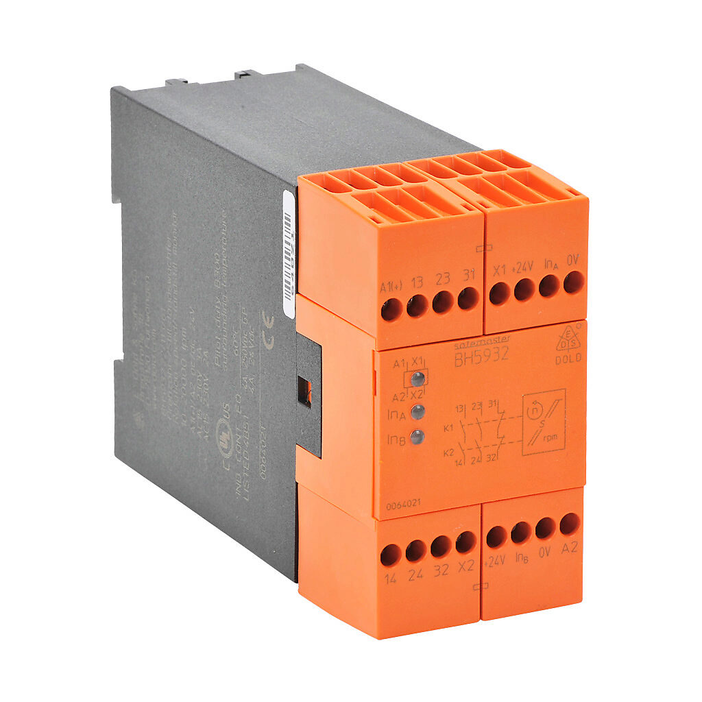 BH5932-22-113-24 - Dold safety relay, speed monitoring, (2) PNP sensor inputs, 2-channel, 24 VAC/VDC, (2) N.O. and (1) N.C. safety output(s), fixed screw terminals.