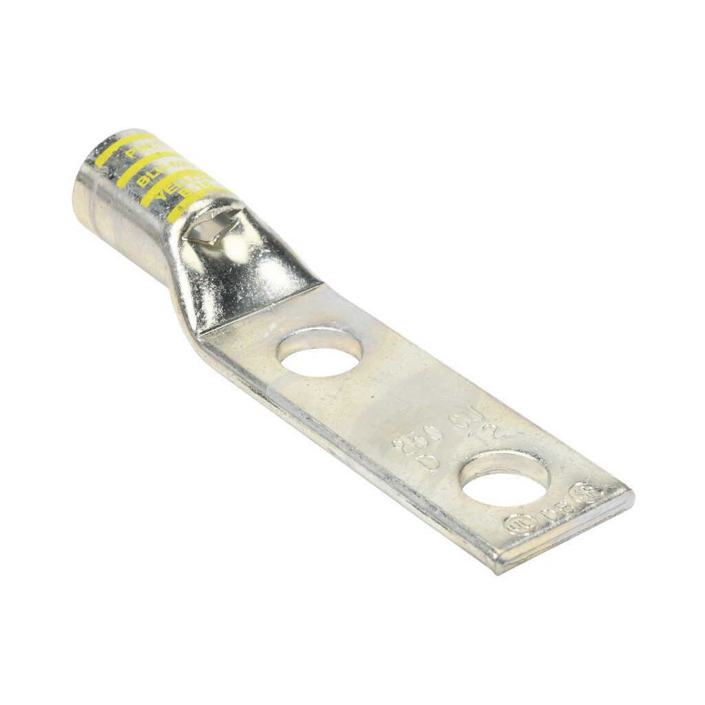 BLU-025D-1 - Penn-Union BLU series compression lug, standard barrel, tin-plated copper, 35 kV, 1/2in mounting bolt, 2-hole, 1.75in hole spacing, 250 MCM, yellow markings.
