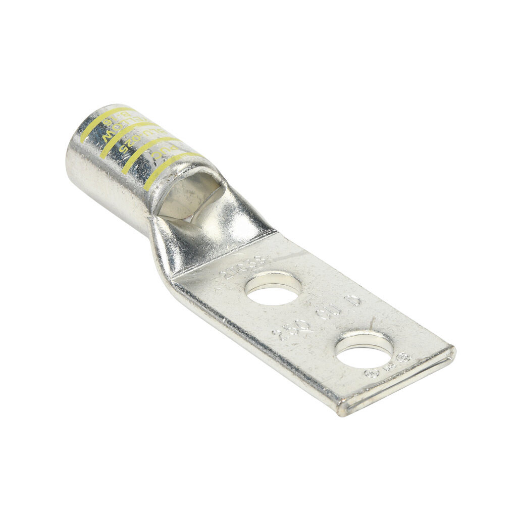 BLU-025D-2TC38-1 - Penn-Union BLU series compression lug, standard barrel, tin-plated copper, 35 kV, 3/8in mounting bolt, 2-hole, 1in hole spacing, 250 MCM, yellow markings.