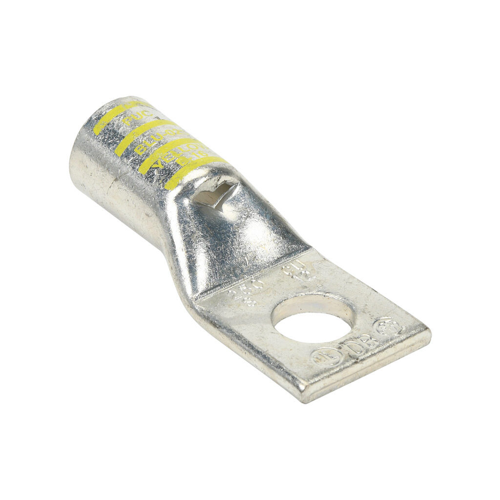 BLU-025S-1 - Penn-Union BLU series compression lug, standard barrel, tin-plated copper, 35 kV, 1/2in mounting bolt, 1-hole, 250 MCM, yellow markings.