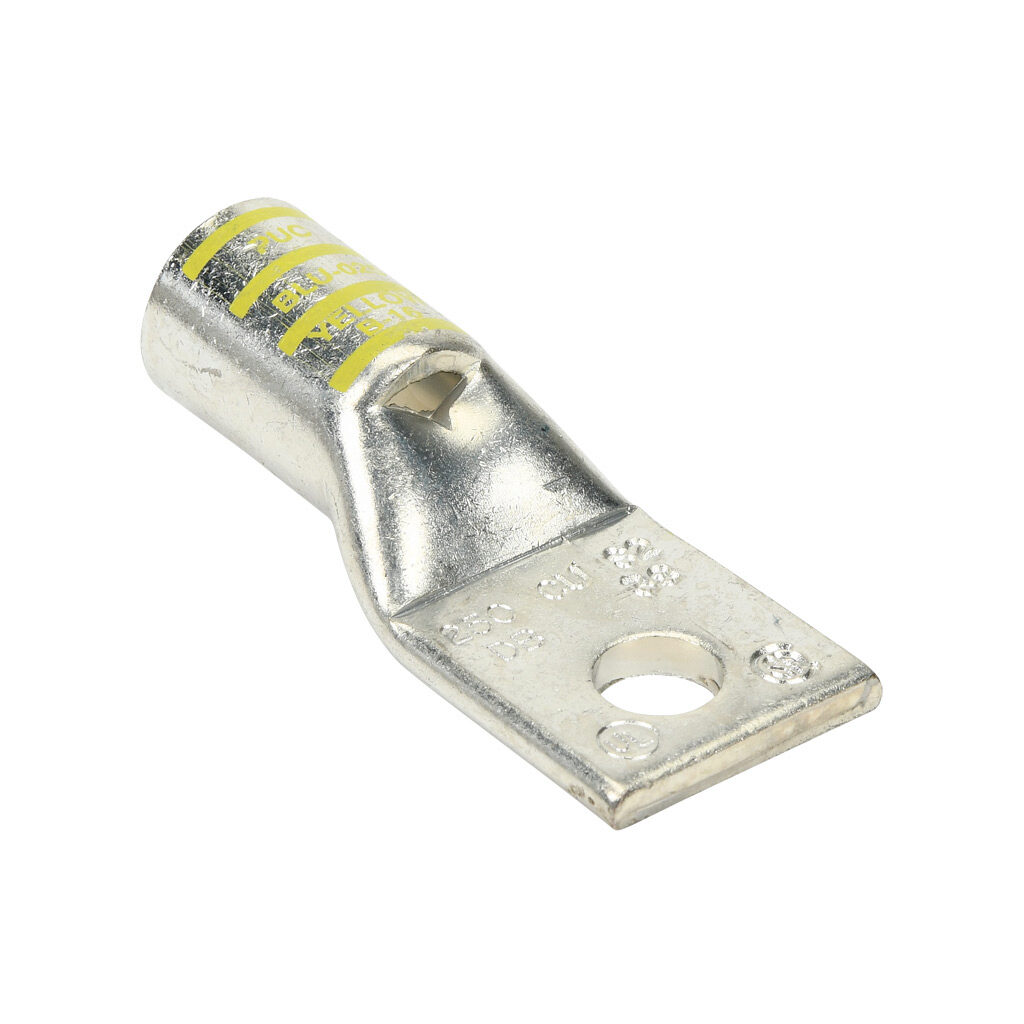 BLU-025S2-1 - Penn-Union BLU series compression lug, standard barrel, tin-plated copper, 35 kV, 3/8in mounting bolt, 1-hole, 250 MCM, yellow markings.