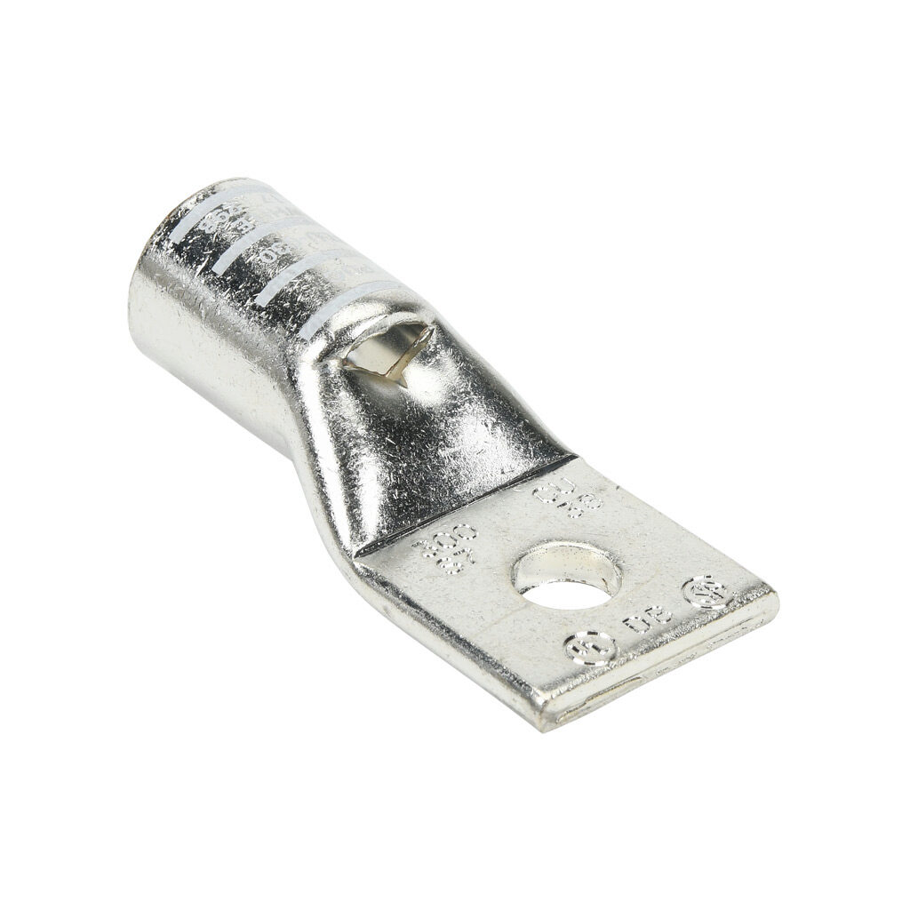 BLU-030S-7-1 - Penn-Union BLU series compression lug, standard barrel, tin-plated copper, 35 kV, 3/8in mounting bolt, 1-hole, 300 MCM, white markings.