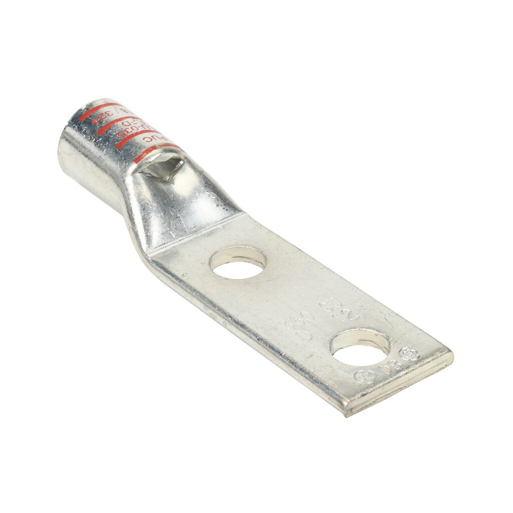 BLU-035D-1 - Penn-Union BLU series compression lug, standard barrel, tin-plated copper, 35 kV, 1/2in mounting bolt, 2-hole, 1.75in hole spacing, 350 MCM, red markings.