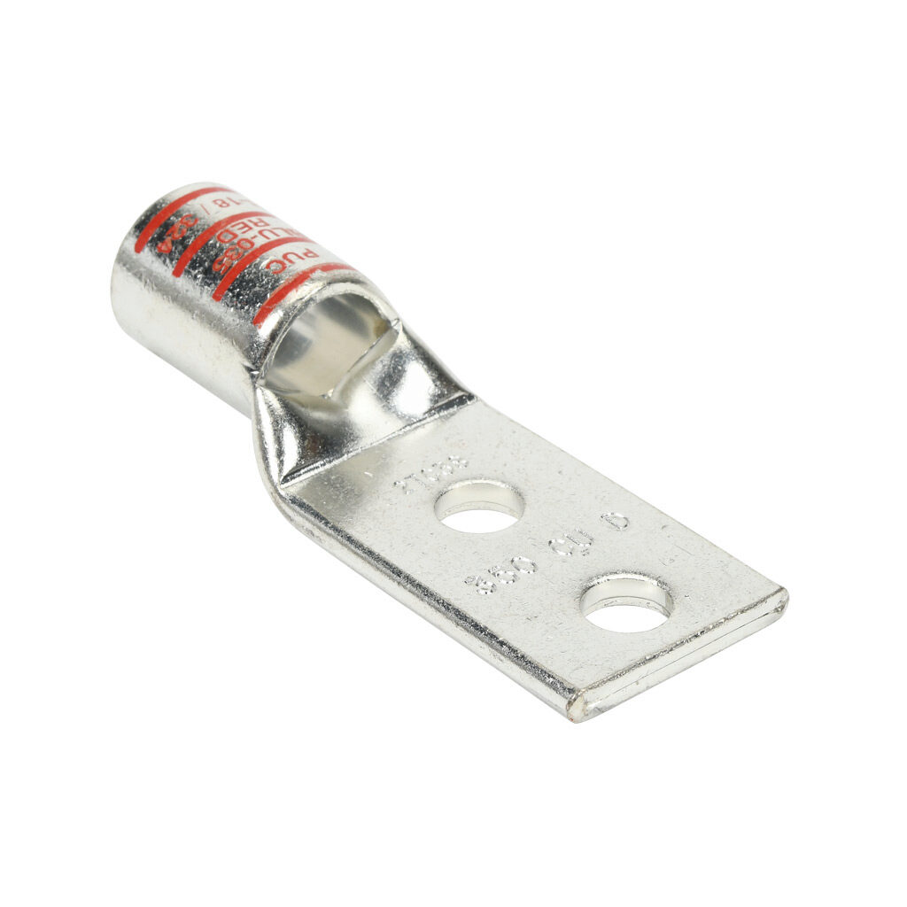 BLU-035D-2TC38-1 - Penn-Union BLU series compression lug, standard barrel, tin-plated copper, 35 kV, 3/8in mounting bolt, 2-hole, 1in hole spacing, 350 MCM, red markings.
