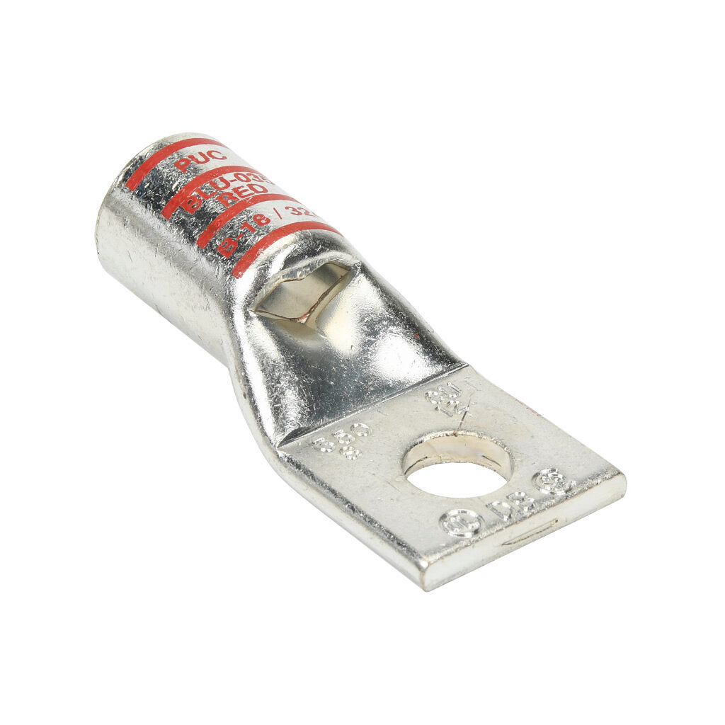 BLU-035S-1 - Penn-Union BLU series compression lug, standard barrel, tin-plated copper, 35 kV, 1/2in mounting bolt, 1-hole, 350 MCM, red markings.