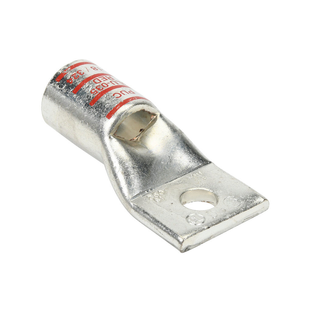 BLU-035S1-1 - Penn-Union BLU series compression lug, standard barrel, tin-plated copper, 35 kV, 3/8in mounting bolt, 1-hole, 350 MCM, red markings.