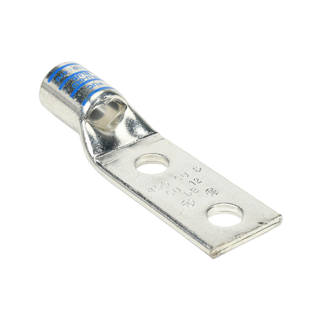 BLU-040D-1 - Penn-Union BLU series compression lug, standard barrel, tin-plated copper, 35 kV, 1/2in mounting bolt, 2-hole, 1.75in hole spacing, 400 MCM, blue markings.
