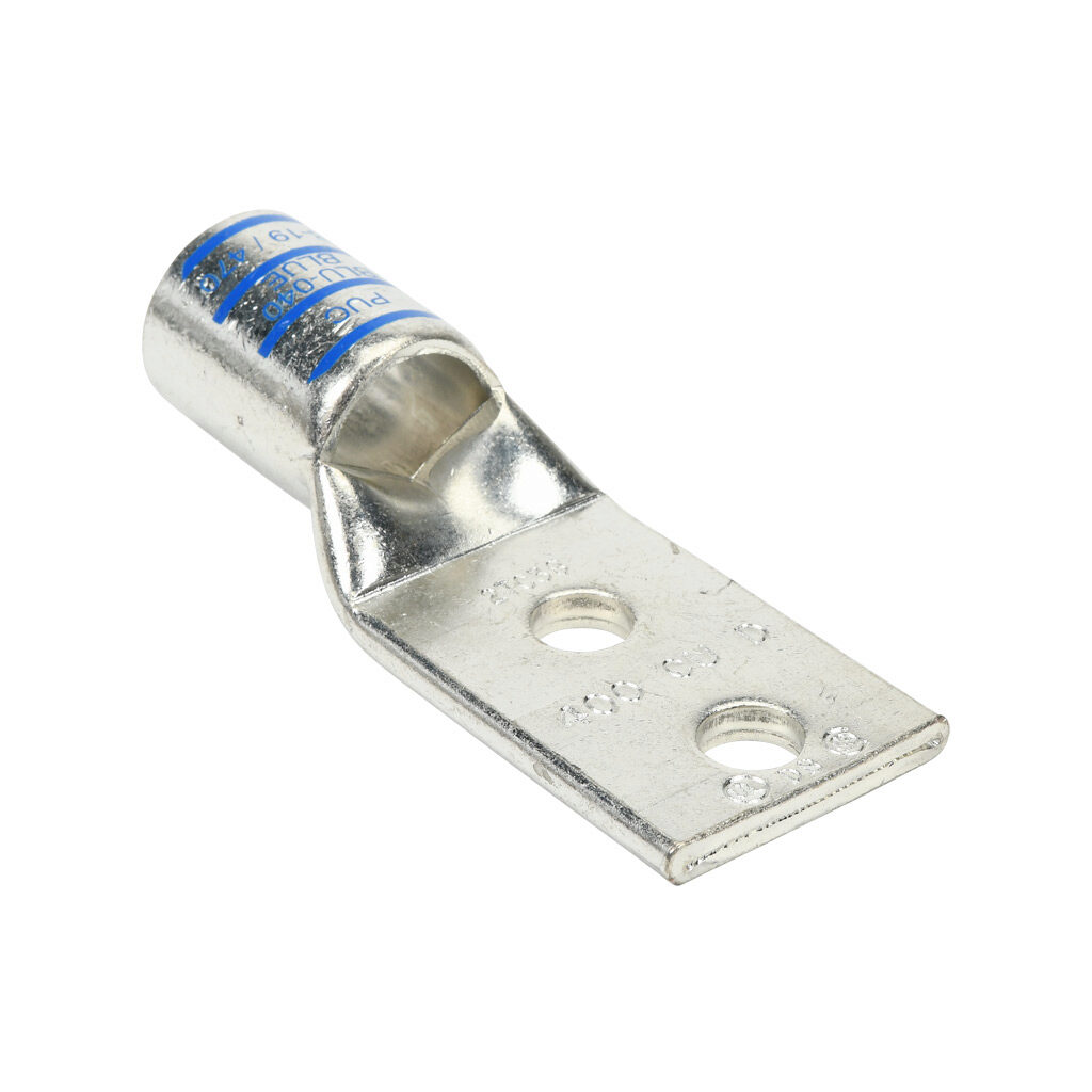 BLU-040D-2TC38-1 - Penn-Union BLU series compression lug, standard barrel, tin-plated copper, 35 kV, 3/8in mounting bolt, 2-hole, 1in hole spacing, 400 MCM, blue markings.