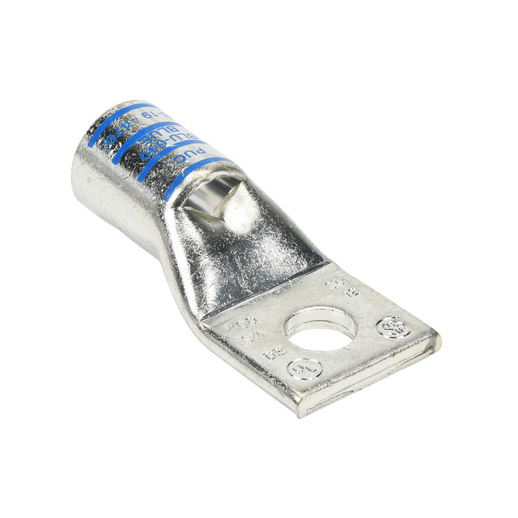 BLU-040S-4-1 - Penn-Union BLU series compression lug, standard barrel, tin-plated copper, 35 kV, 1/2in mounting bolt, 1-hole, 400 MCM, blue markings.