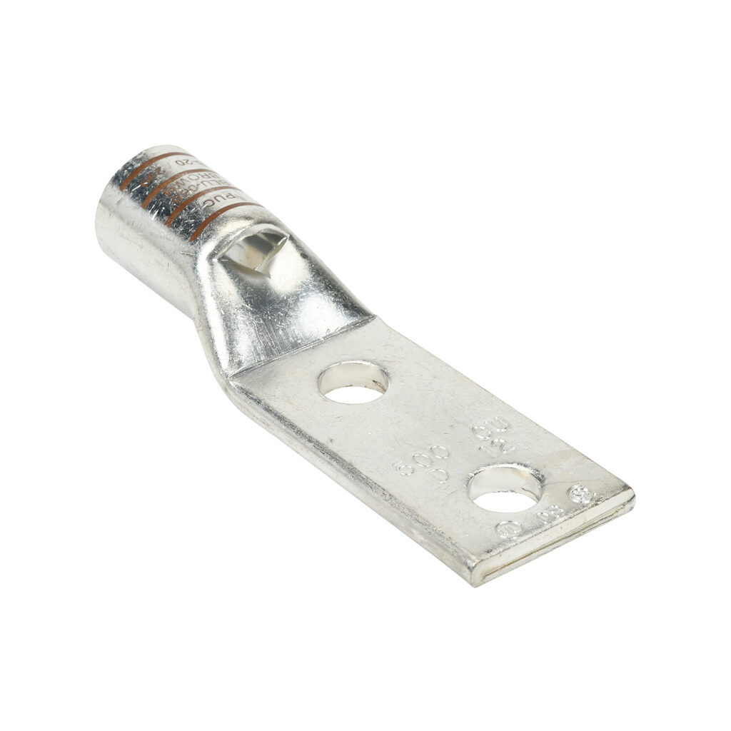 BLU-050D-1 - Penn-Union BLU series compression lug, standard barrel, tin-plated copper, 35 kV, 1/2in mounting bolt, 2-hole, 1.75in hole spacing, 500 MCM, brown markings.