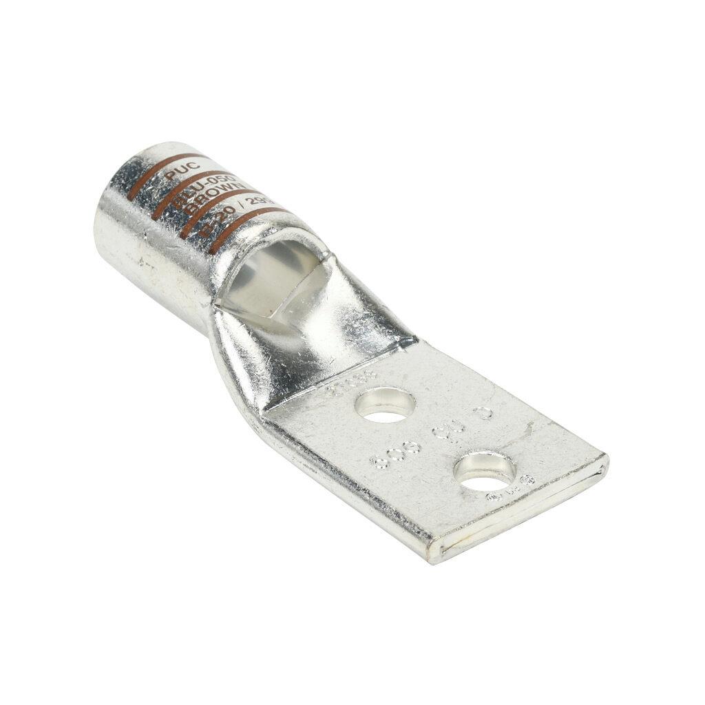 BLU-050D-2TC38-1 - Penn-Union BLU series compression lug, standard barrel, tin-plated copper, 35 kV, 3/8in mounting bolt, 2-hole, 1in hole spacing, 500 MCM, brown markings.