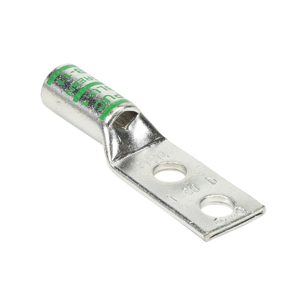 BLU-1D-2TC14-1 - Penn-Union BLU series compression lug, standard barrel, tin-plated copper, 35 kV, 1/4in mounting bolt, 2-hole, 0.63in hole spacing, 1 AWG, green markings.