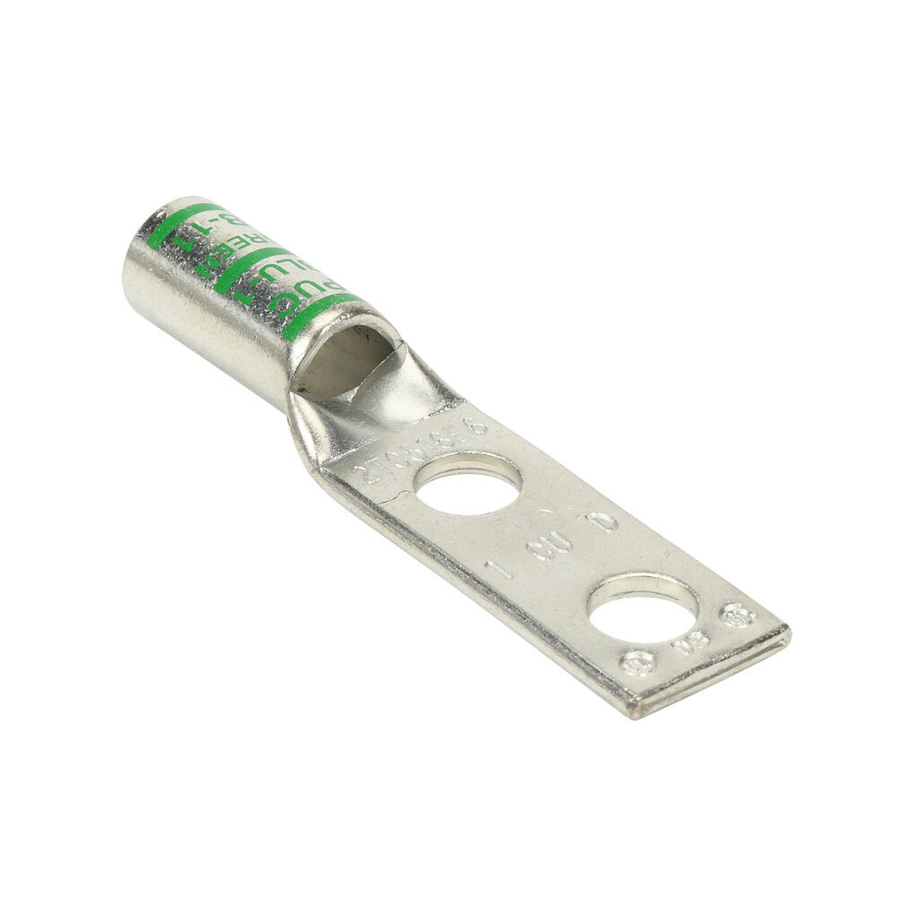 BLU-1D-2TC516E6-1 - Penn-Union BLU series compression lug, standard barrel, tin-plated copper, 35 kV, 5/16in mounting bolt, 2-hole, 0.88in hole spacing, 1 AWG, green markings.