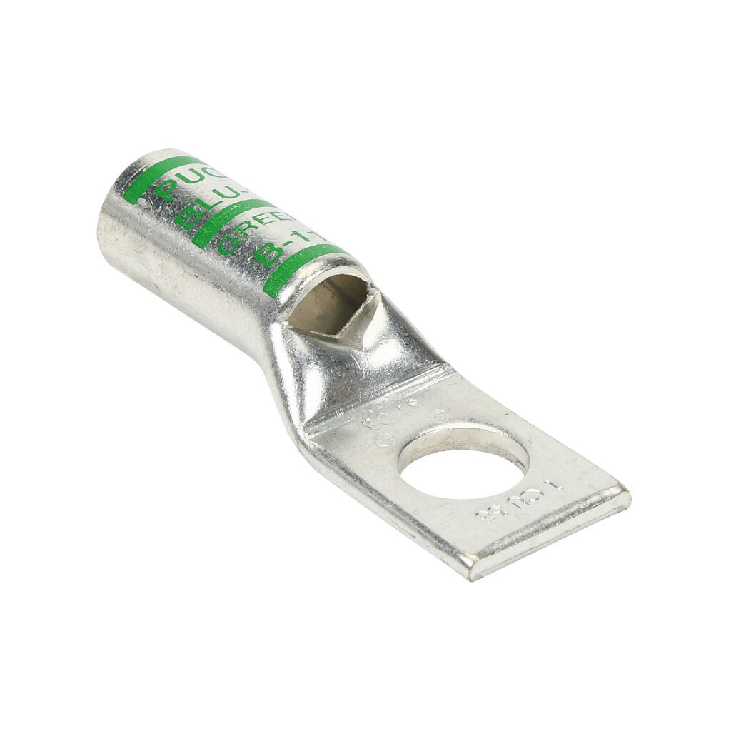 BLU-1S1-1 - Penn-Union BLU series compression lug, standard barrel, tin-plated copper, 35 kV, 3/8in mounting bolt, 1-hole, 1 AWG, green markings.