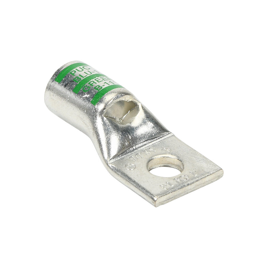 BLU-1S9-1 - Penn-Union BLU series compression lug, standard barrel, tin-plated copper, 35 kV, 1/4in mounting bolt, 1-hole, 1 AWG, green markings.