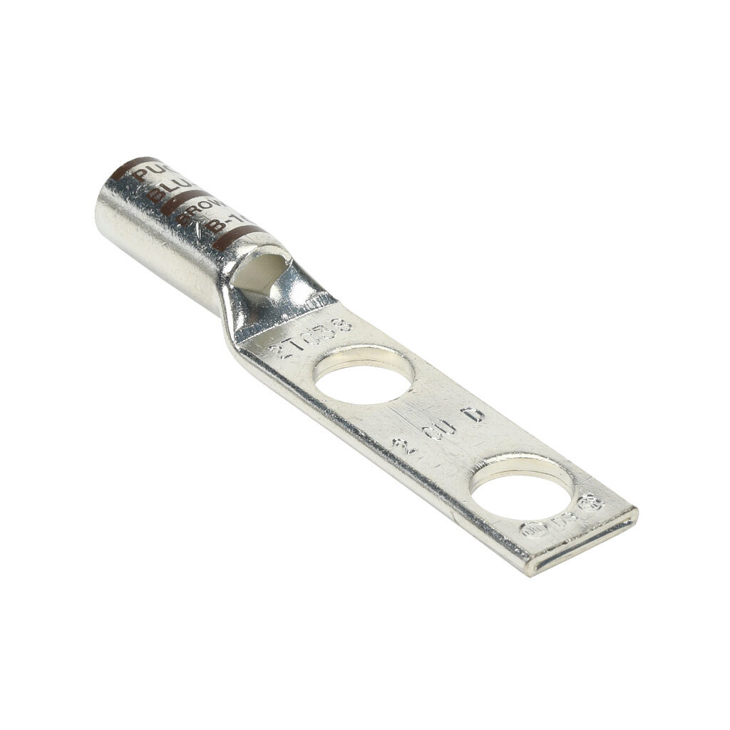 BLU-2D-2TC38-1 - Penn-Union BLU series compression lug, standard barrel, tin-plated copper, 35 kV, 3/8in mounting bolt, 2-hole, 1in hole spacing, 2 AWG, brown markings.